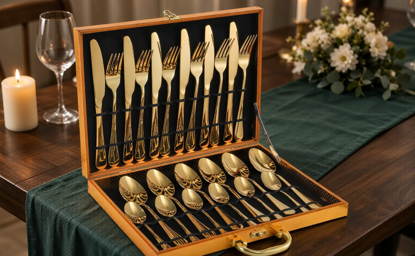 24-piece gold stainless steel cutlery set in an open wooden gift box on a festive dining table